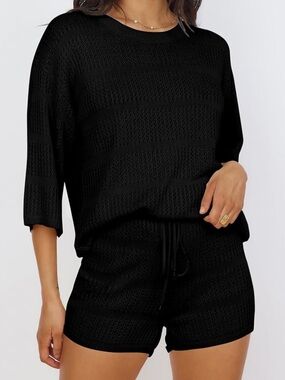 PrettyGarden matching Crochet knit black beach cover up shirt and shorts set